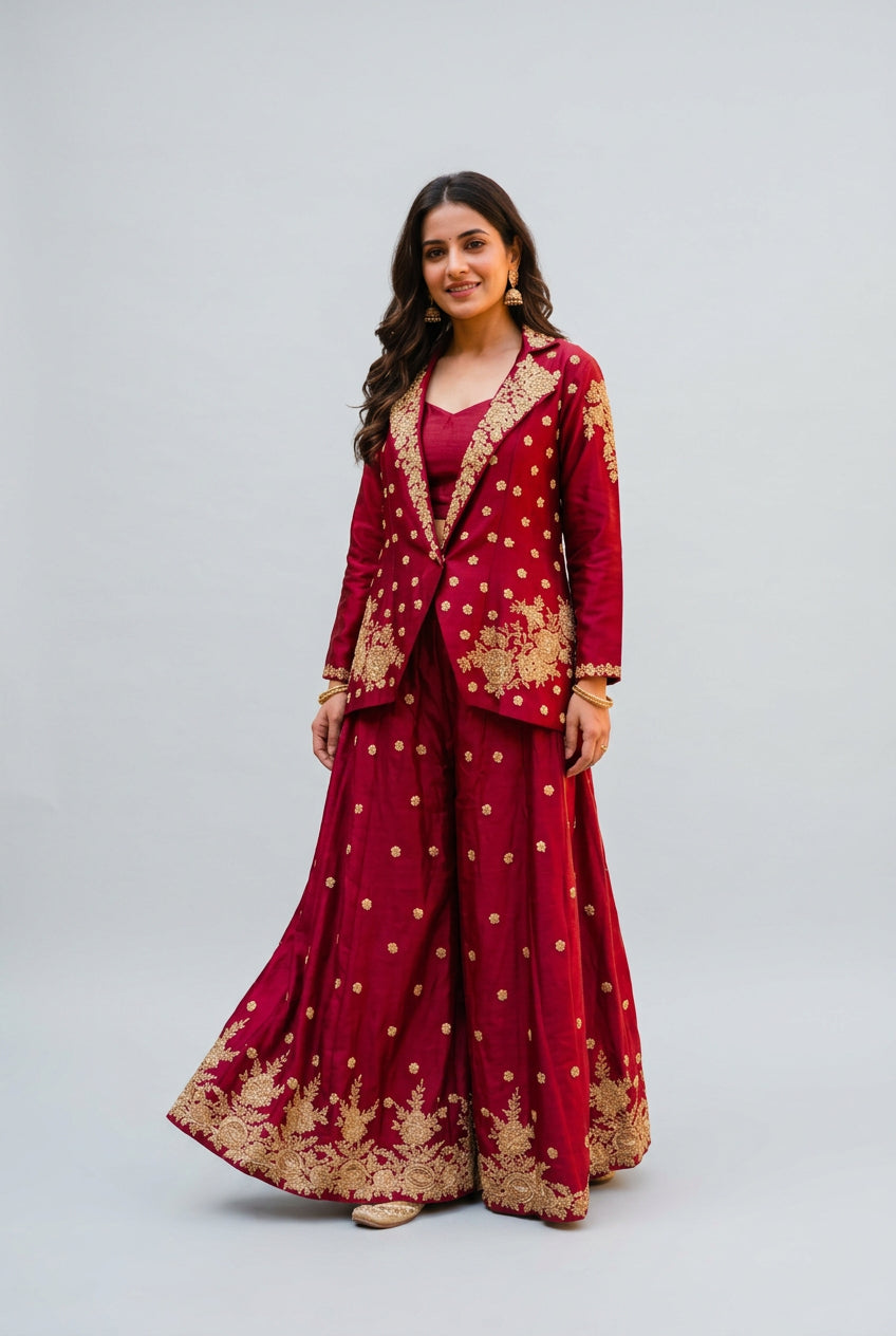 Crimson Gold Embroidered Blazer and Palazzo Set Main image