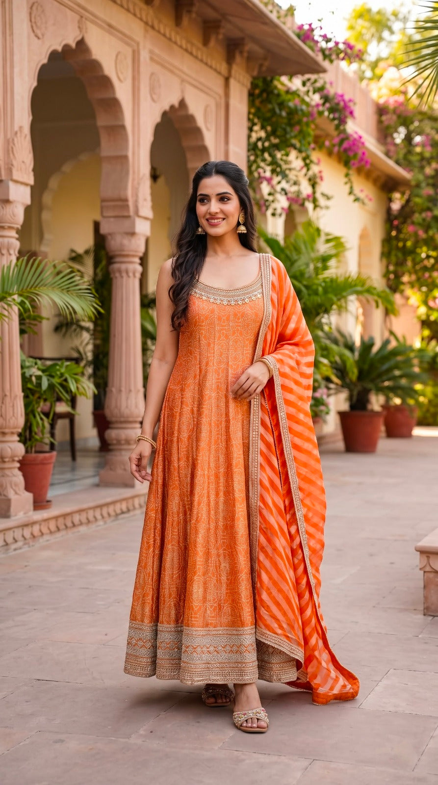 Sunset Orange Embellished Anarkali Gown Set