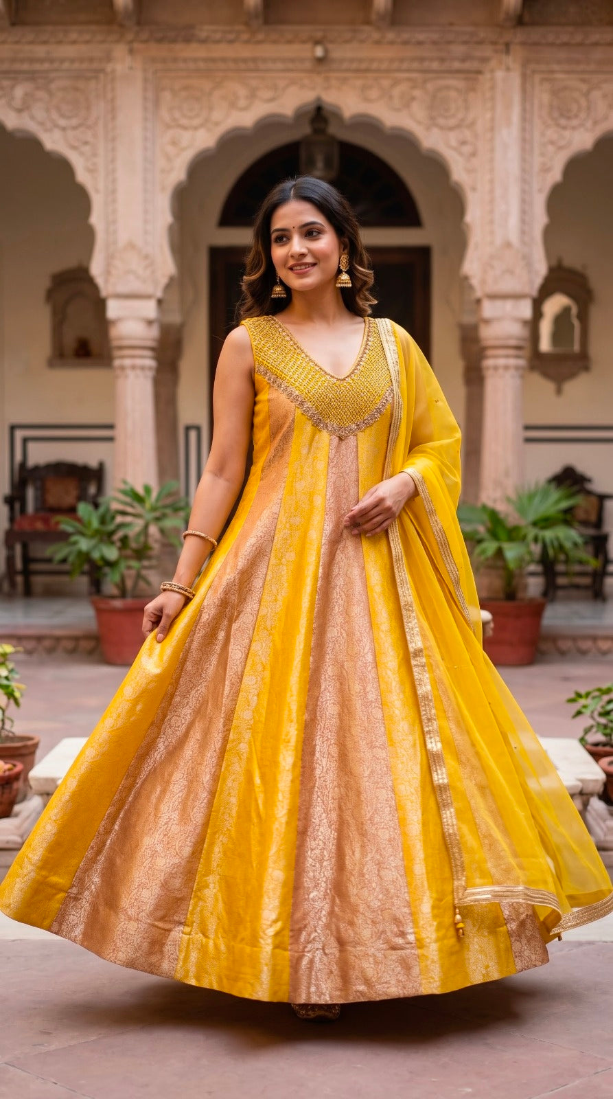Yellow Golden Embroidered Anarkali Gown Main image