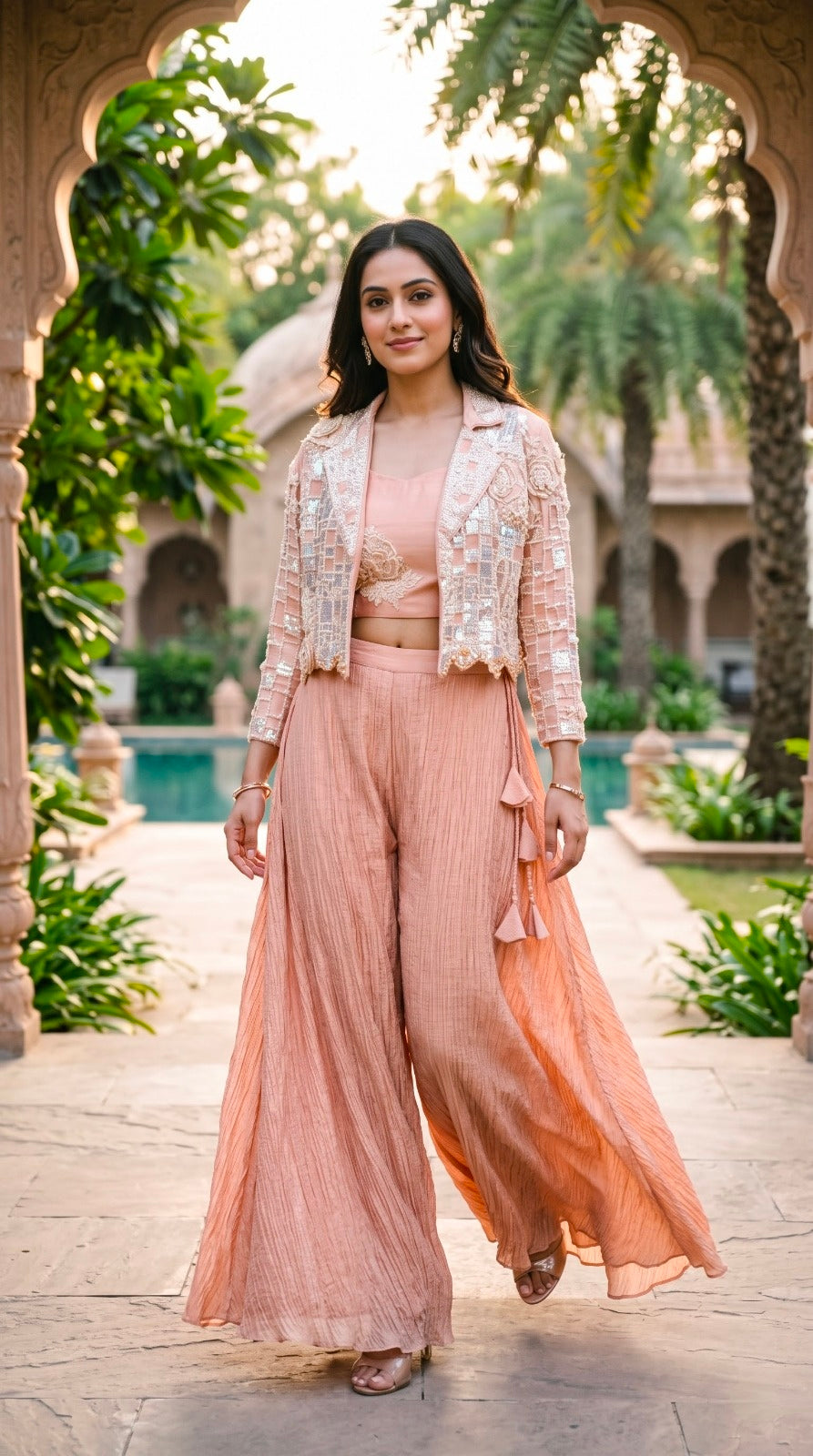 Blush Peach Embellished Jacket and Palazzo Set