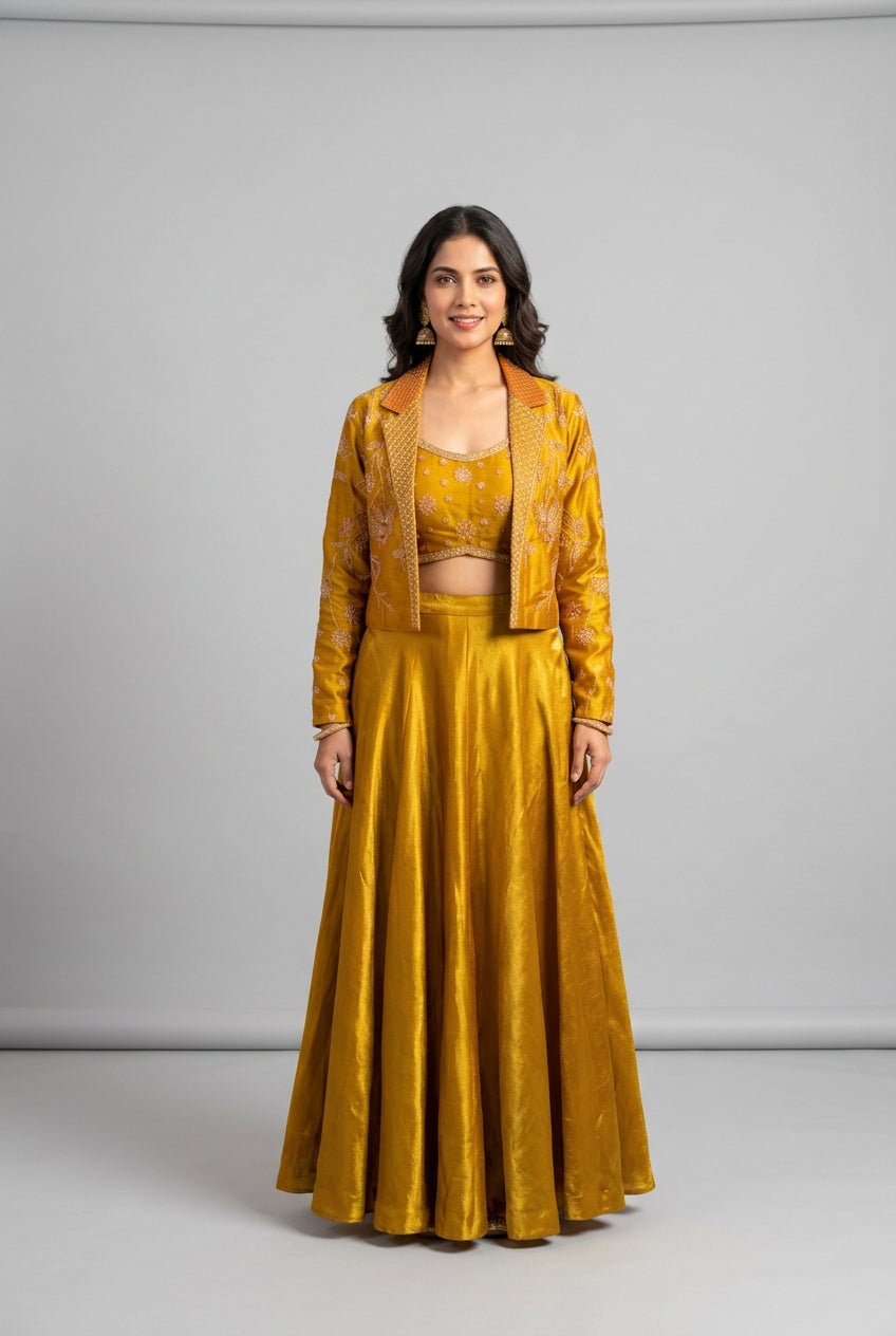 Mustard Gold Embroidered Skirt and Jacket Set Main image