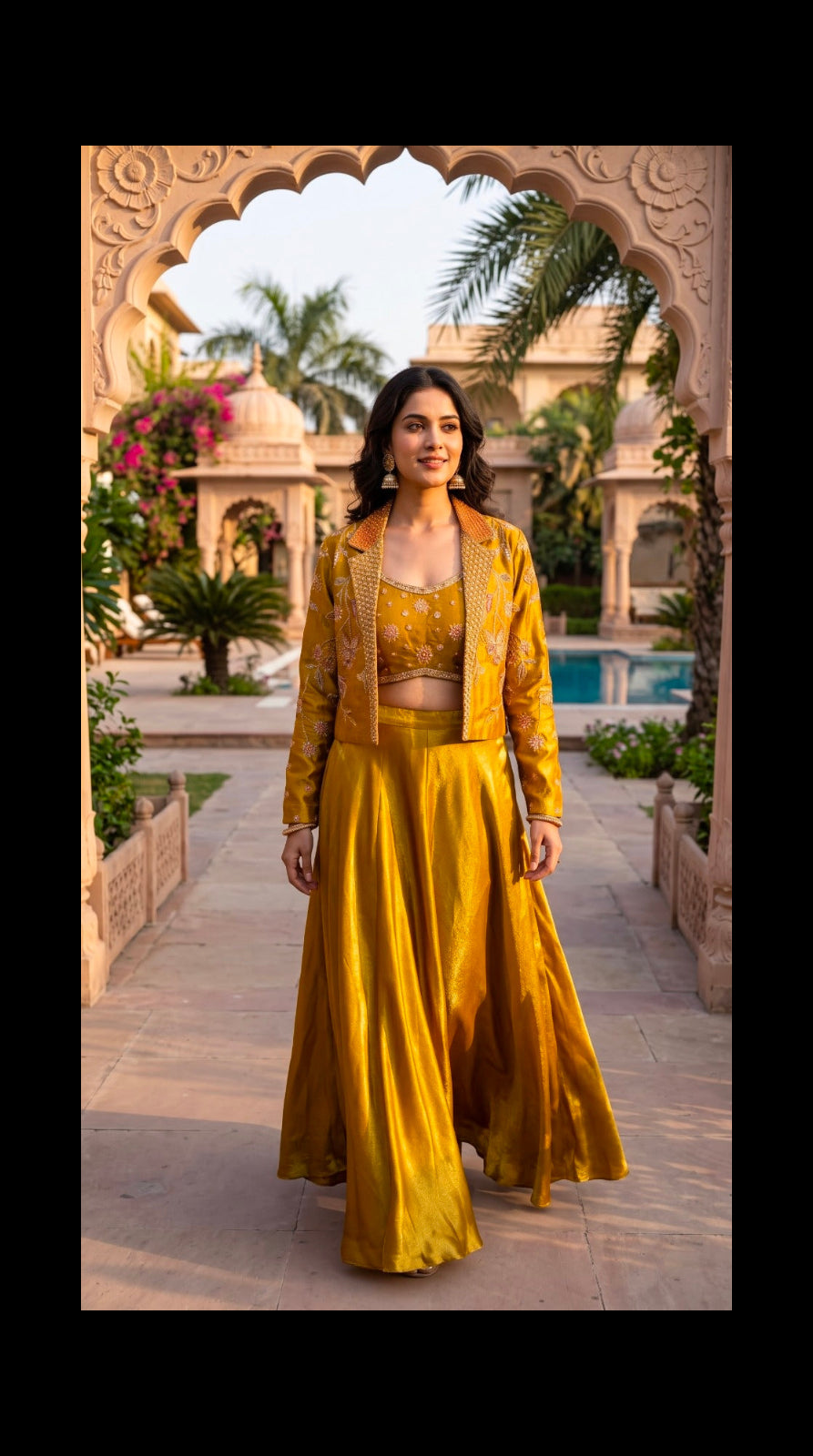 Mustard Gold Embroidered Skirt and Jacket Set