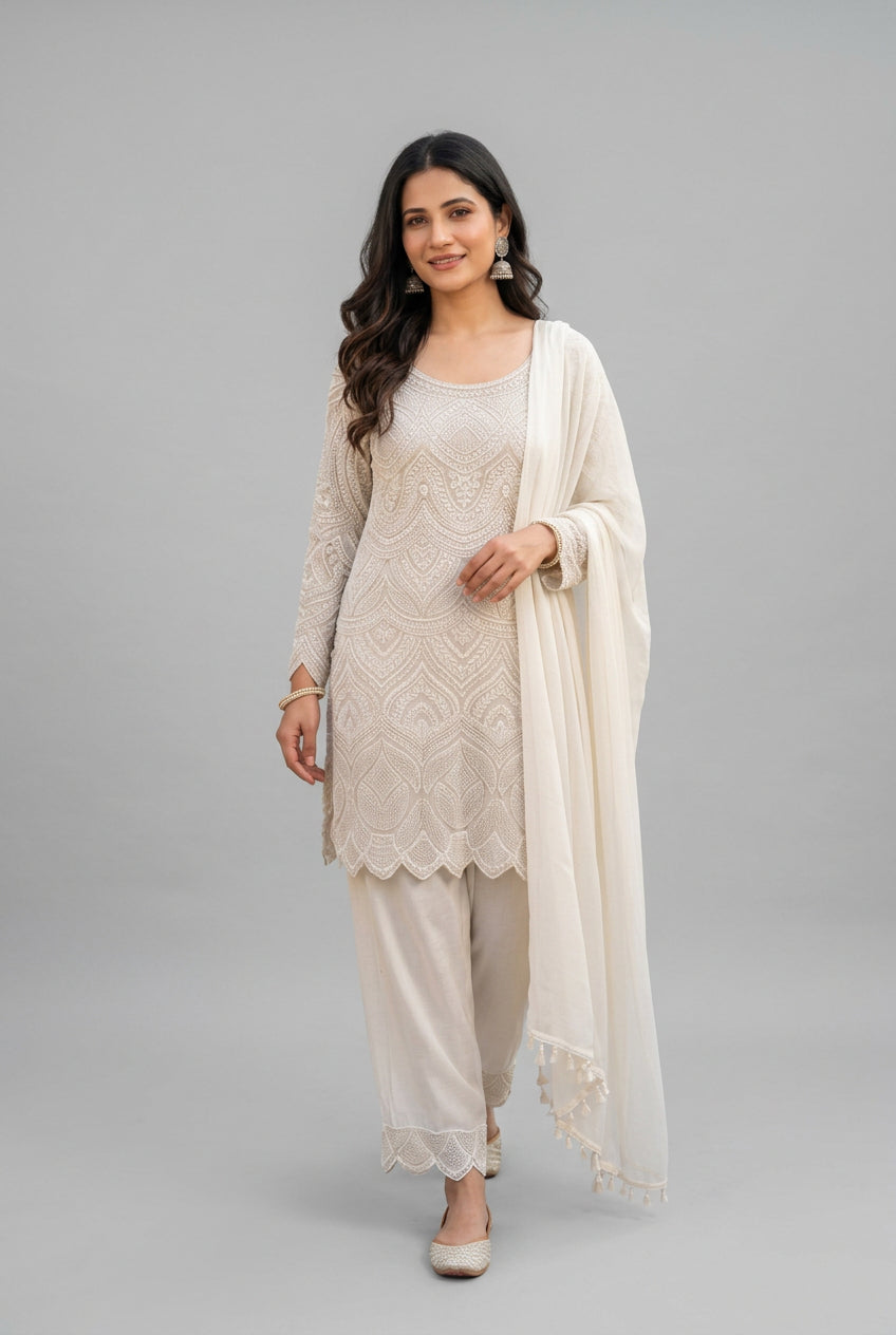 Ivory Embroidered Straight Kurta and Palazzo Set Main image