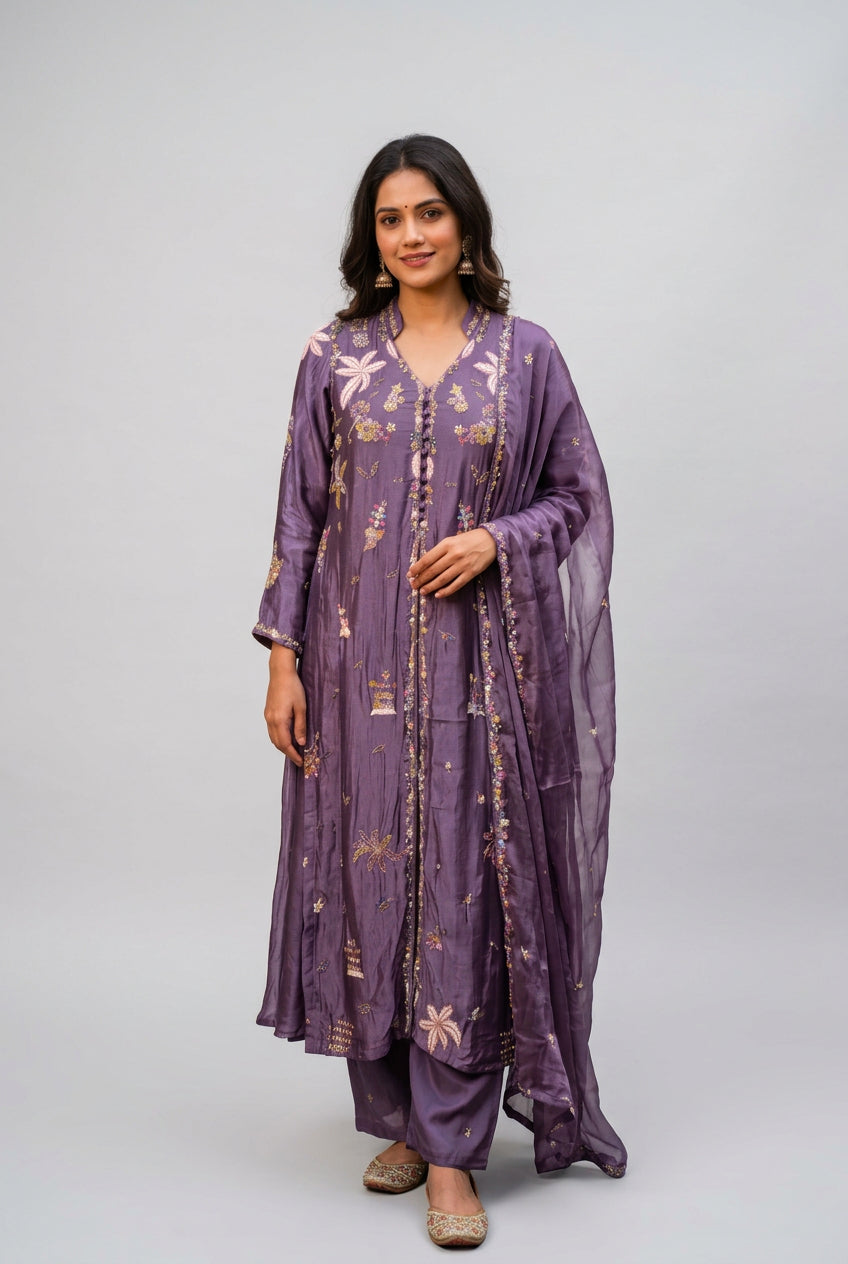 Dusty Lavender Embroidered Silk Kurti Set Main image