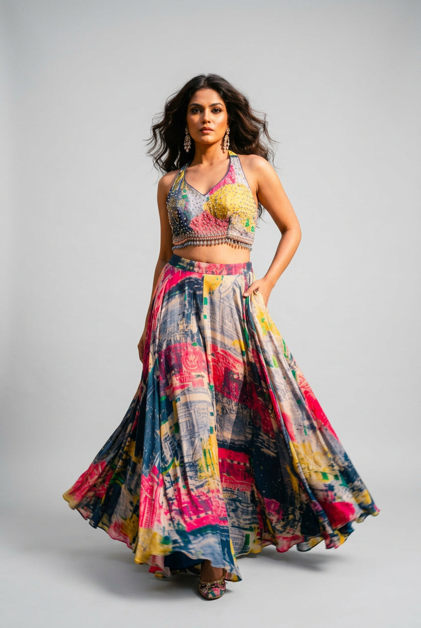 Multicolored Abstract Print Crop Top and Flared Skirt Set