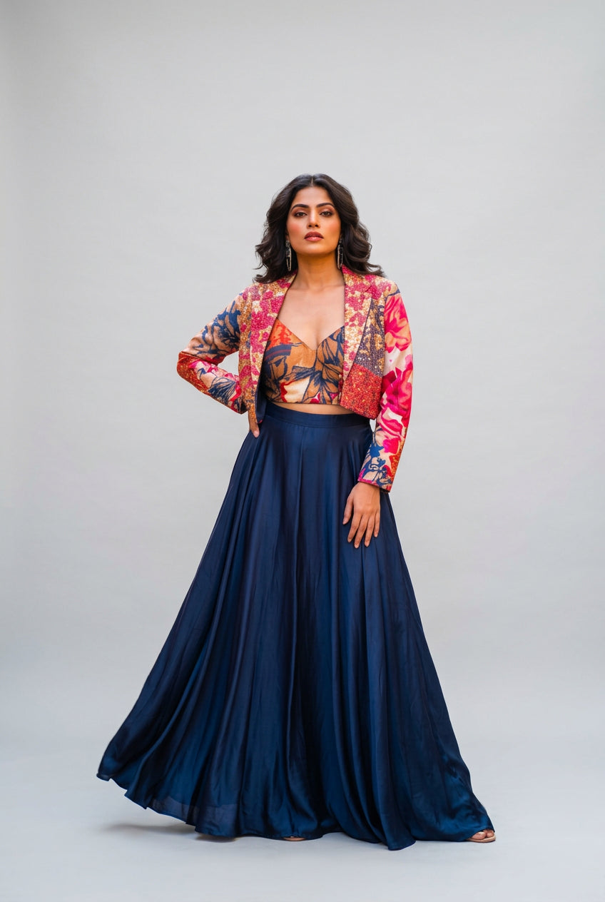 Midnight Blue Floral Jacket and Skirt Ensemble Main image
