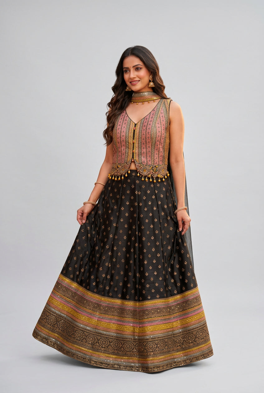 Black and Pink Embroidered Jacket Lehenga Set Main image