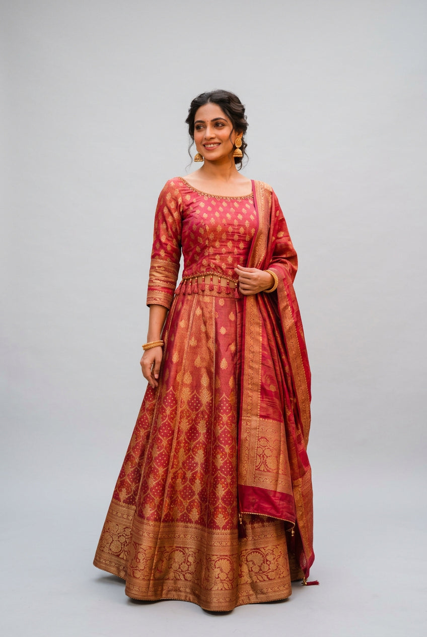 Crimson Brocade Lehenga Set with Peplum Blouse Main image