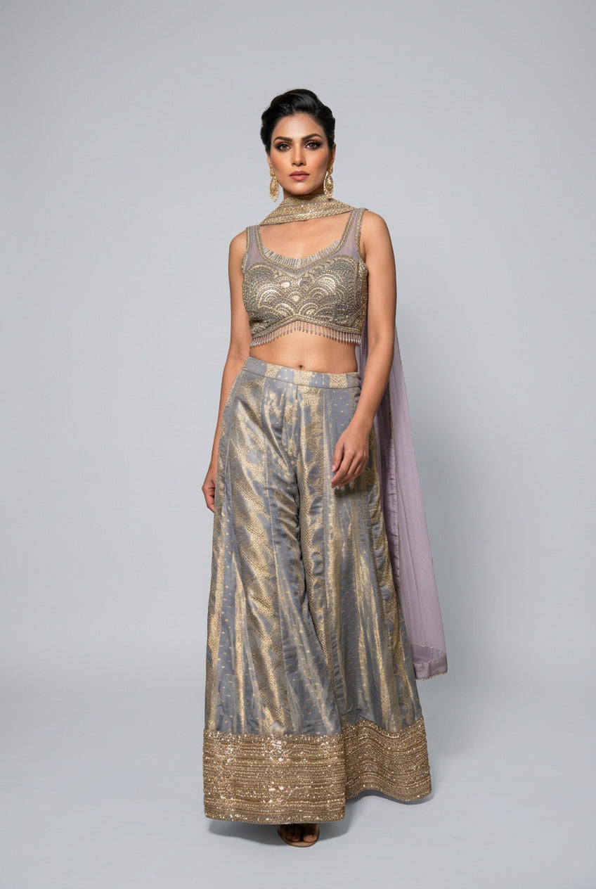 Slate Grey Embellished Crop Top and Palazzo Set Main image