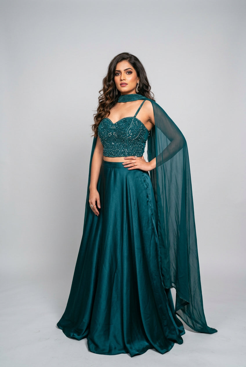 Deep Teal Beaded Crop Top and Flared Skirt Set Main image