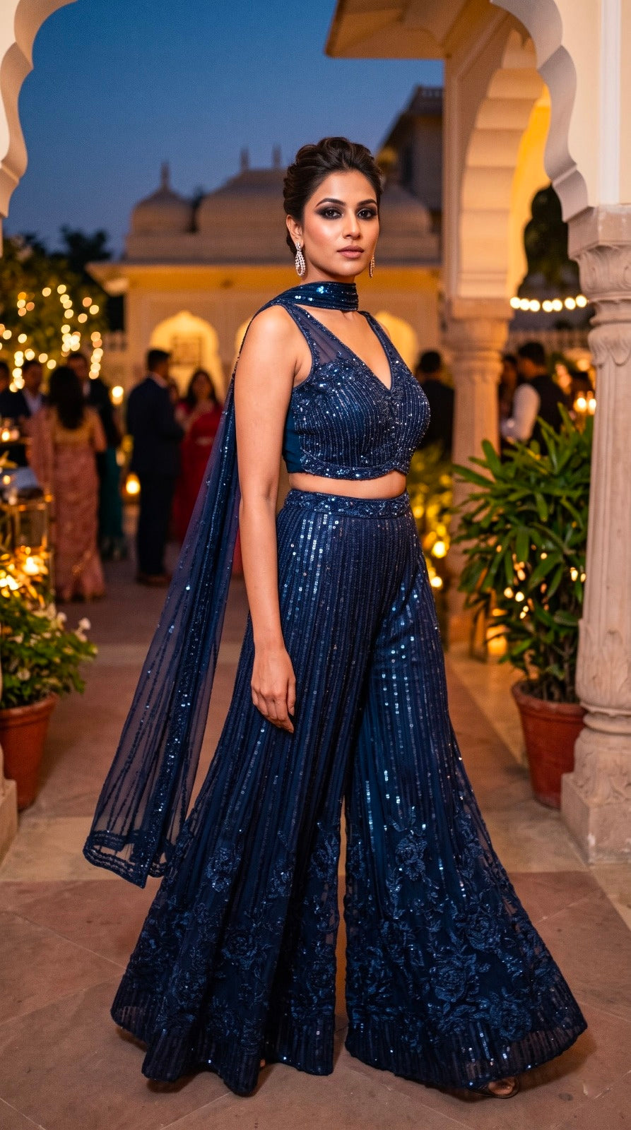 Midnight Blue Sequin Co-ord Set with Palazzo Pants