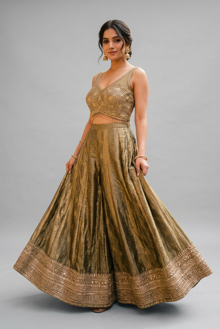 Olive Gold Embroidered Crop Top and Sharara Set