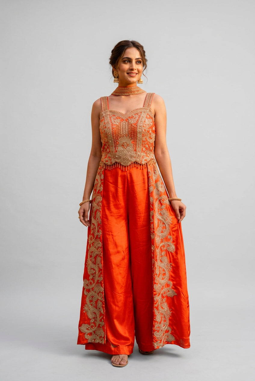Vibrant Tangerine Embroidered Overlay Jumpsuit Set
