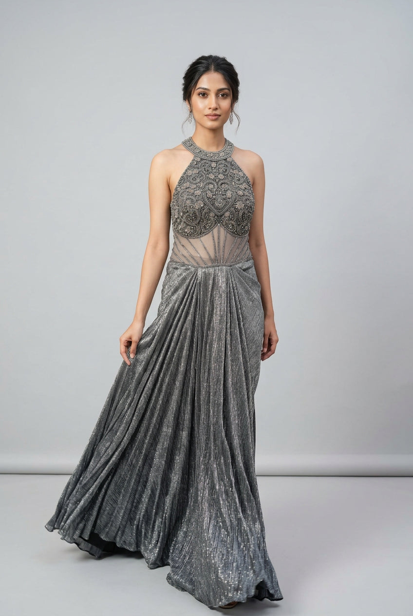 Metallic Silver Halter Fusion Gown