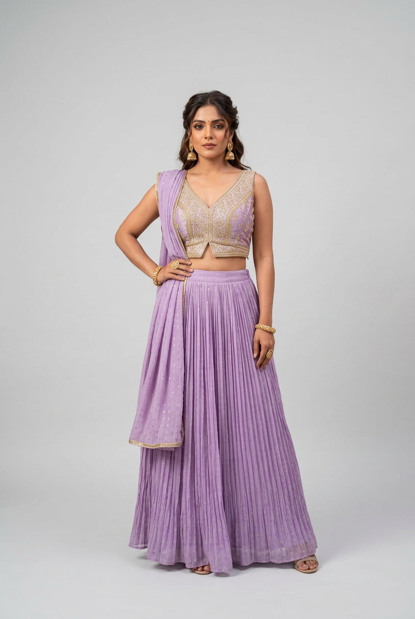 Lavender Sequin-Embellished Crop Top and Pleated Skirt Set Main image