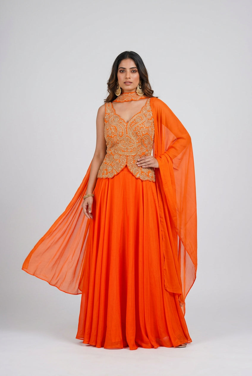 Vibrant Tangerine Embroidered Peplum and Flared Skirt Set