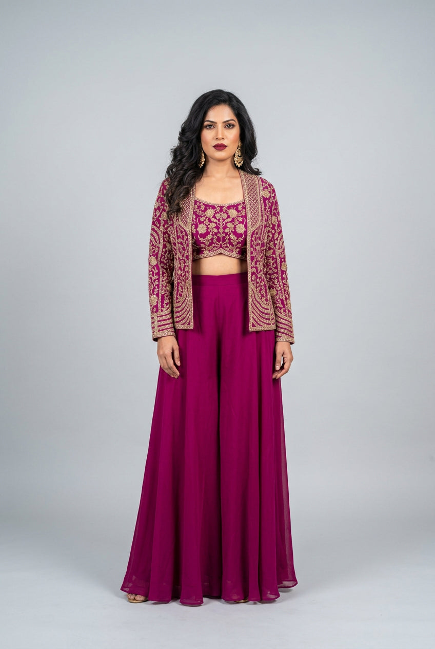 Magenta Embroidered Jacket and Palazzo Set Main image