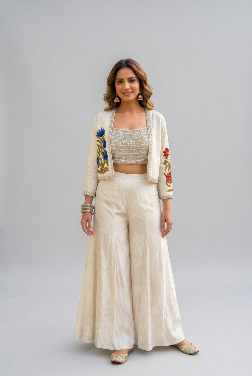 Ivory Floral Embroidered Crop Top and Palazzo Set Main image