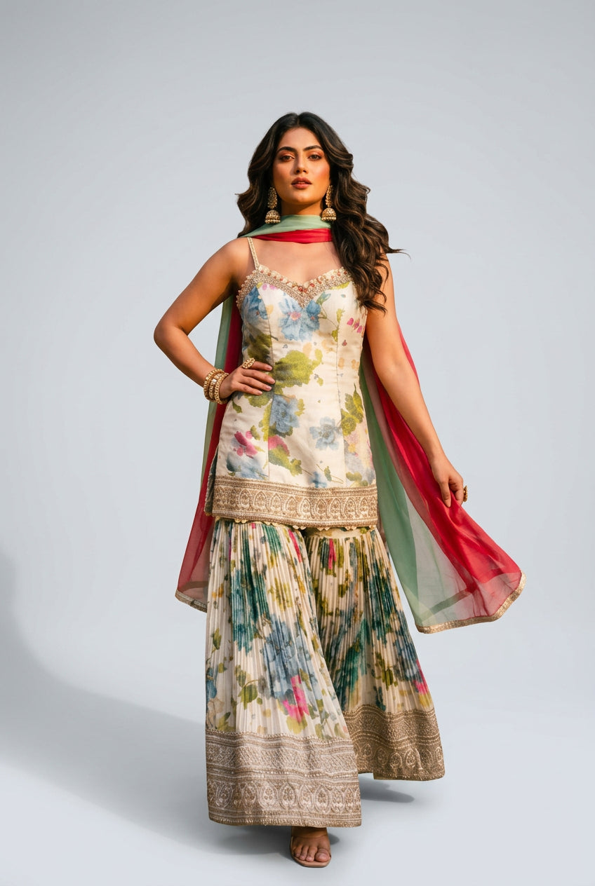 Pastel Floral Printed Strappy Kurta and Sharara Set