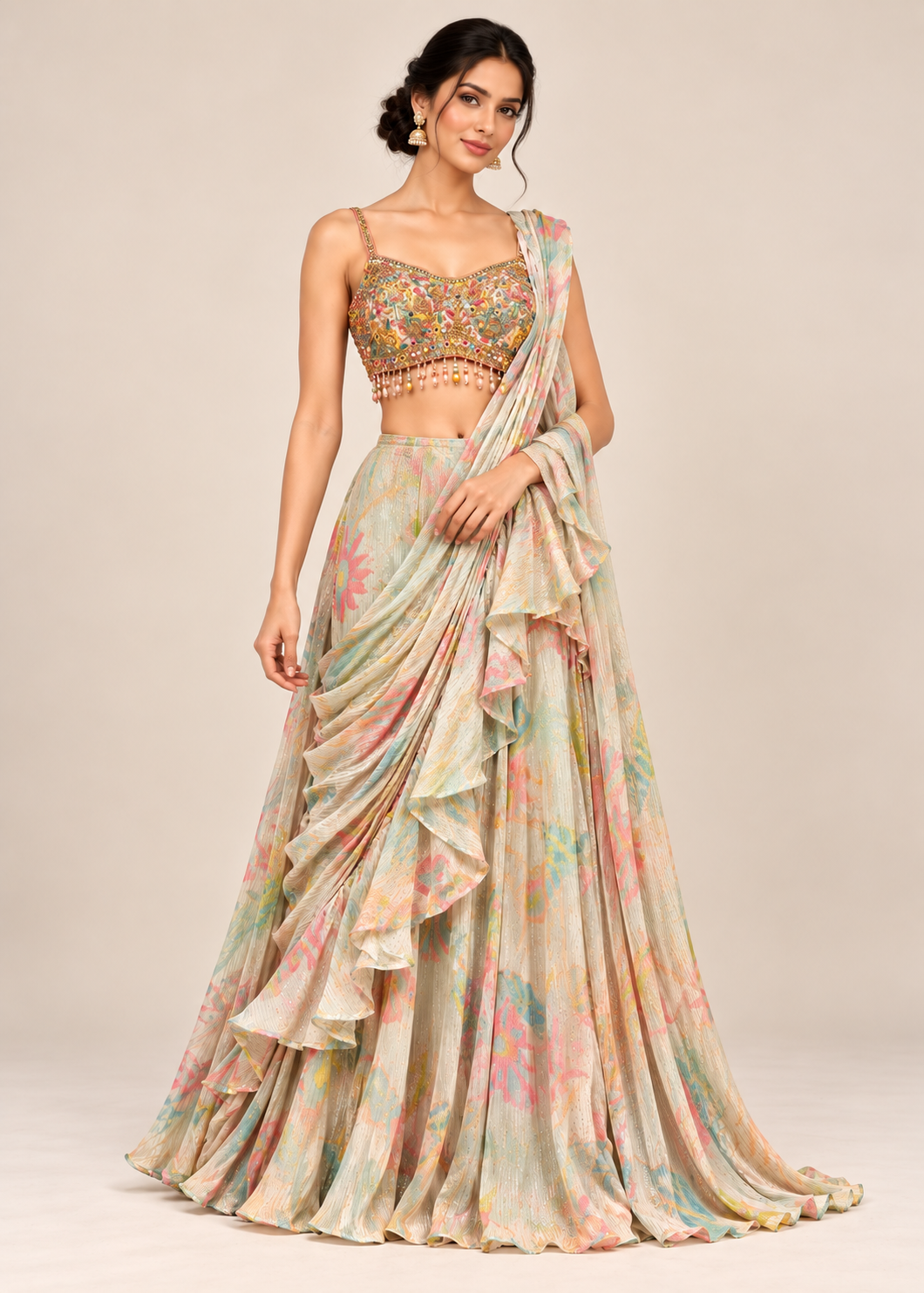 Pastel Multi-Color Watercolor Pleated Draped Lehenga & Jewel-Encrusted Bustier Set Main image
