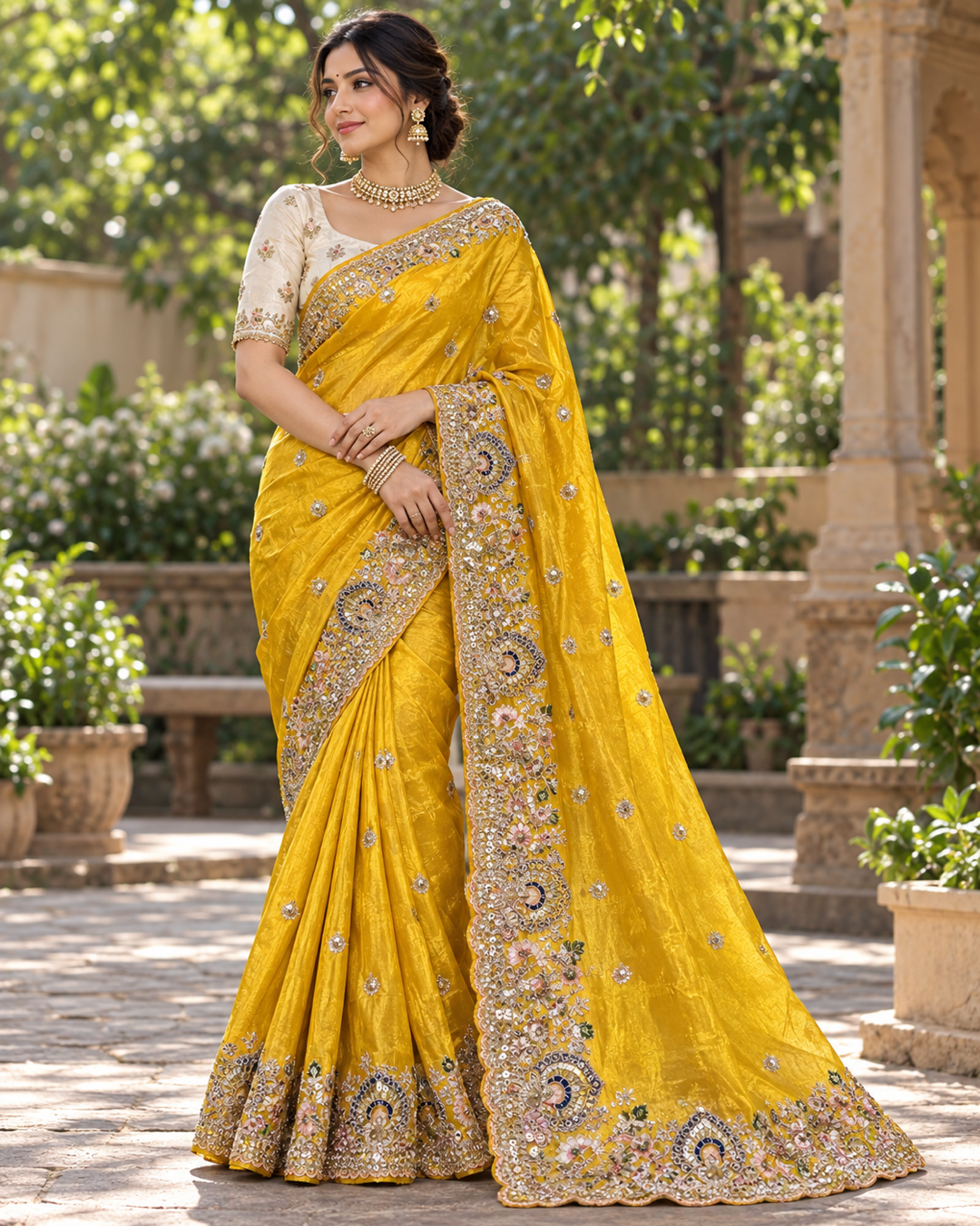 Yellow Embroidered Saree with Cream Blouse