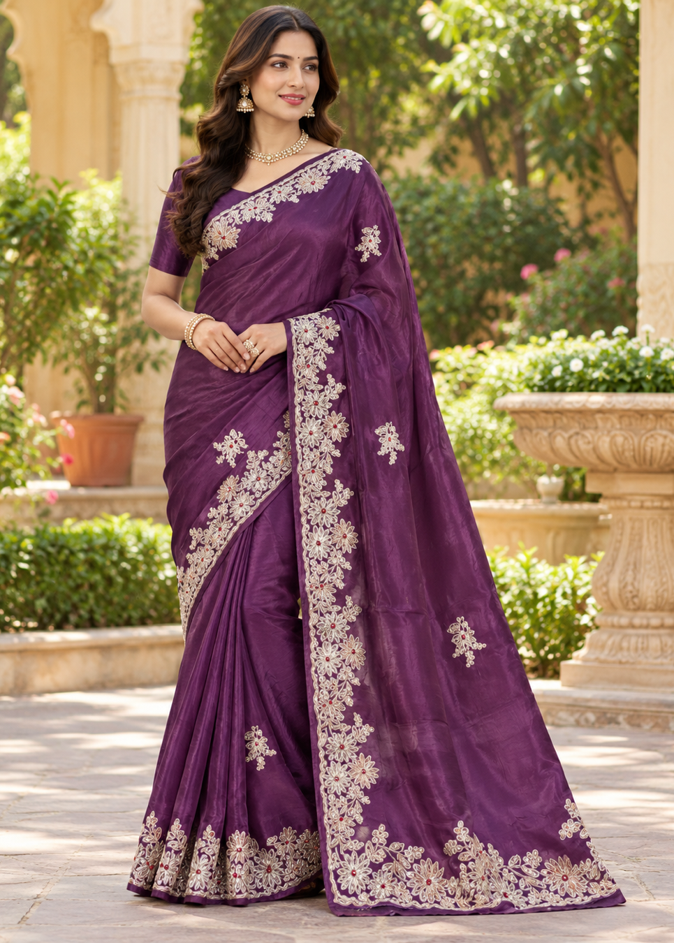 Imperial Purple Silk Saree with Floral Scalloped Cutwork Border & Silver Zardozi Embroidery Main image