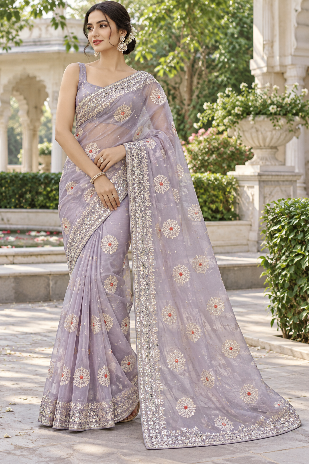 Ethereal Lilac Mirror-Embroidered Organza Saree