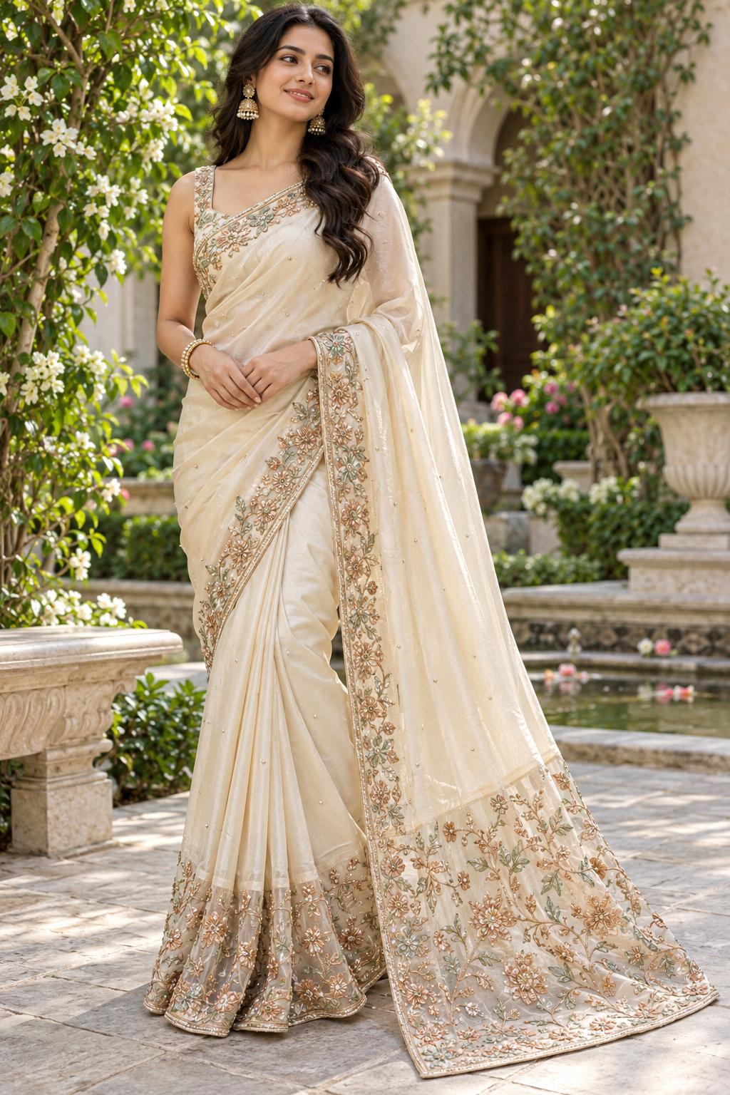 Ivory Floral Embroidered Saree