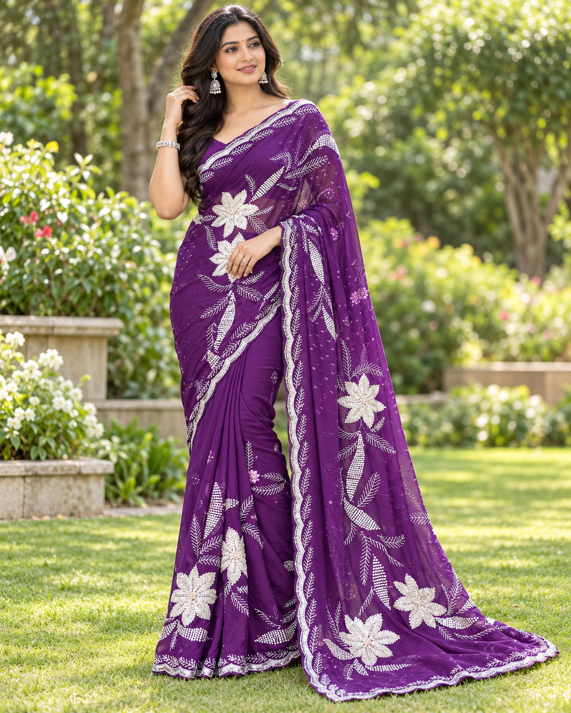 Purple Floral Embroidered Georgette Saree