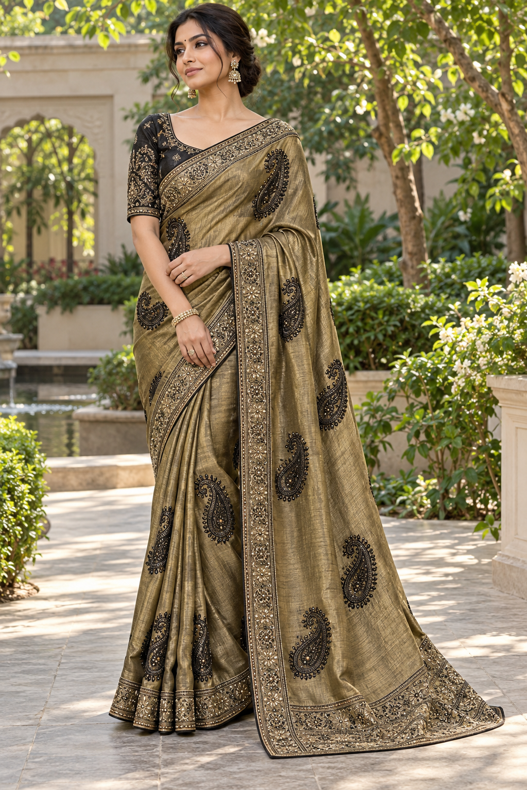 Regal Gold Antique Paisley Embroidered Saree