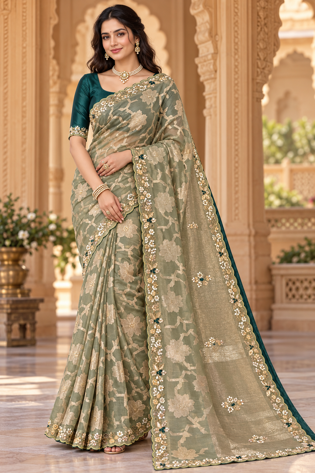 Sage Green Floral Weave Saree Main image