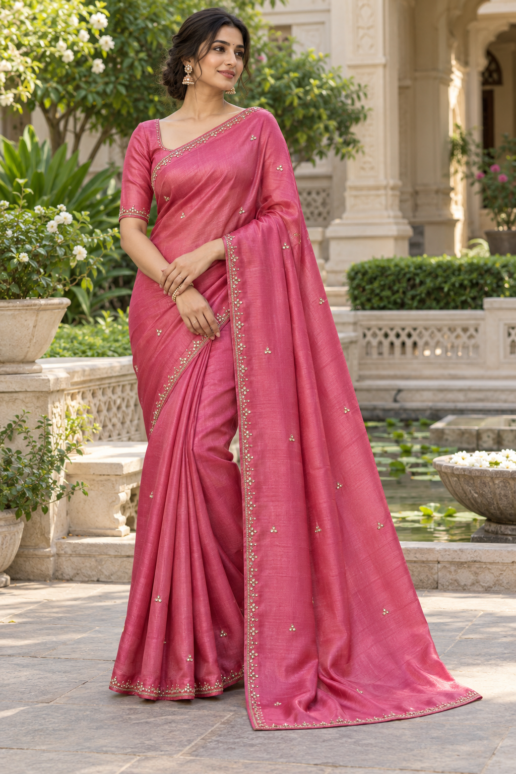 Rose Pink Raw Silk Saree with Delicate Zardozi Micro-Border & Starburst Embroidery
