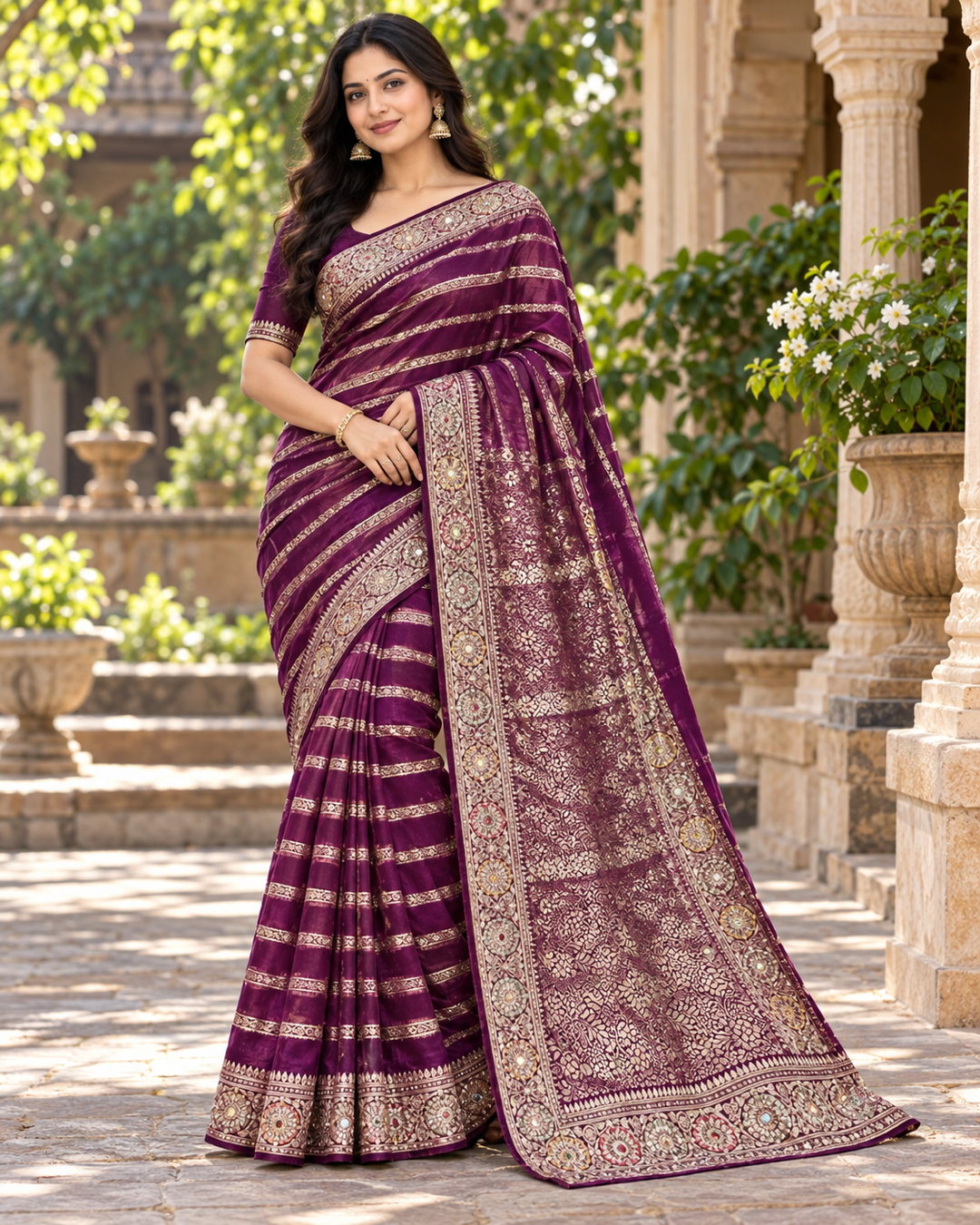 Deep Purple Striped Zari Woven Saree