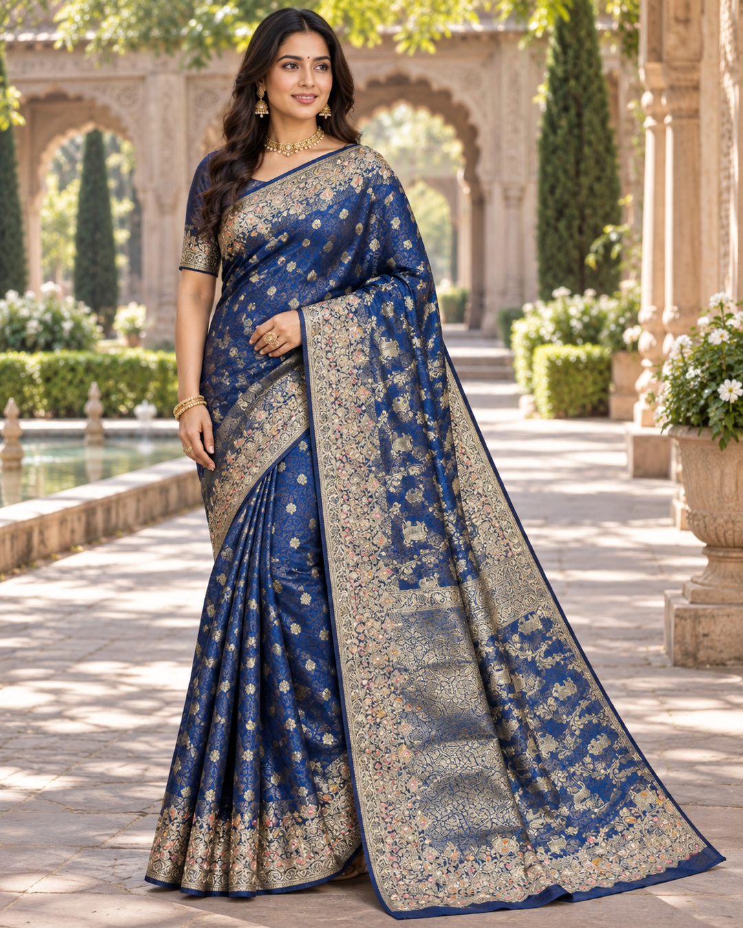 Royal Blue Floral And Animal Motif Saree