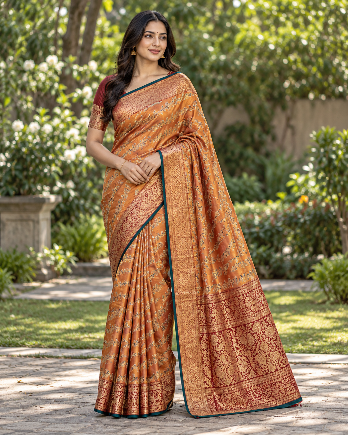 Rust Banarasi-Style Saree with Golden Zari Floral Motifs Main image