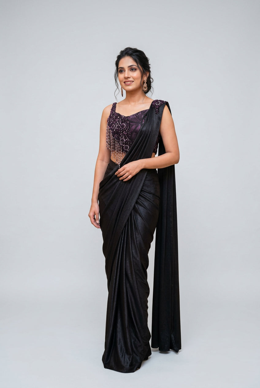 Midnight Black Shimmer Pre-Draped Saree Main image