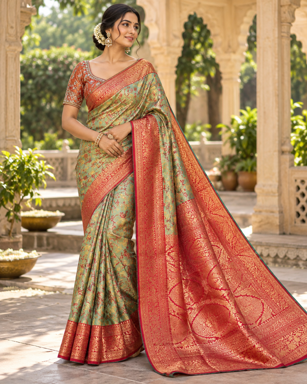 Sage Green & Rust Red Banarasi Silk Saree with Zari Woven Border Main image