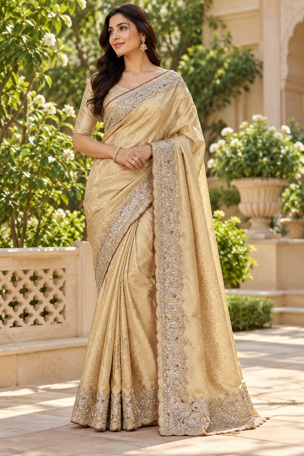 Luminous Beige Metallic Tissue Silk Saree