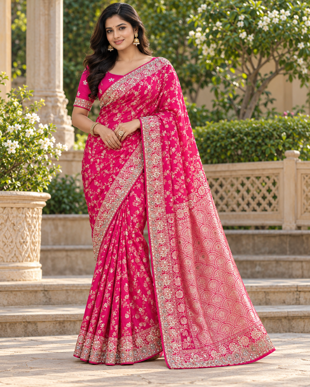 Magenta Pink Silk Saree with All-Over Floral Jaal & Embroidered Mirror-Work Border Main image