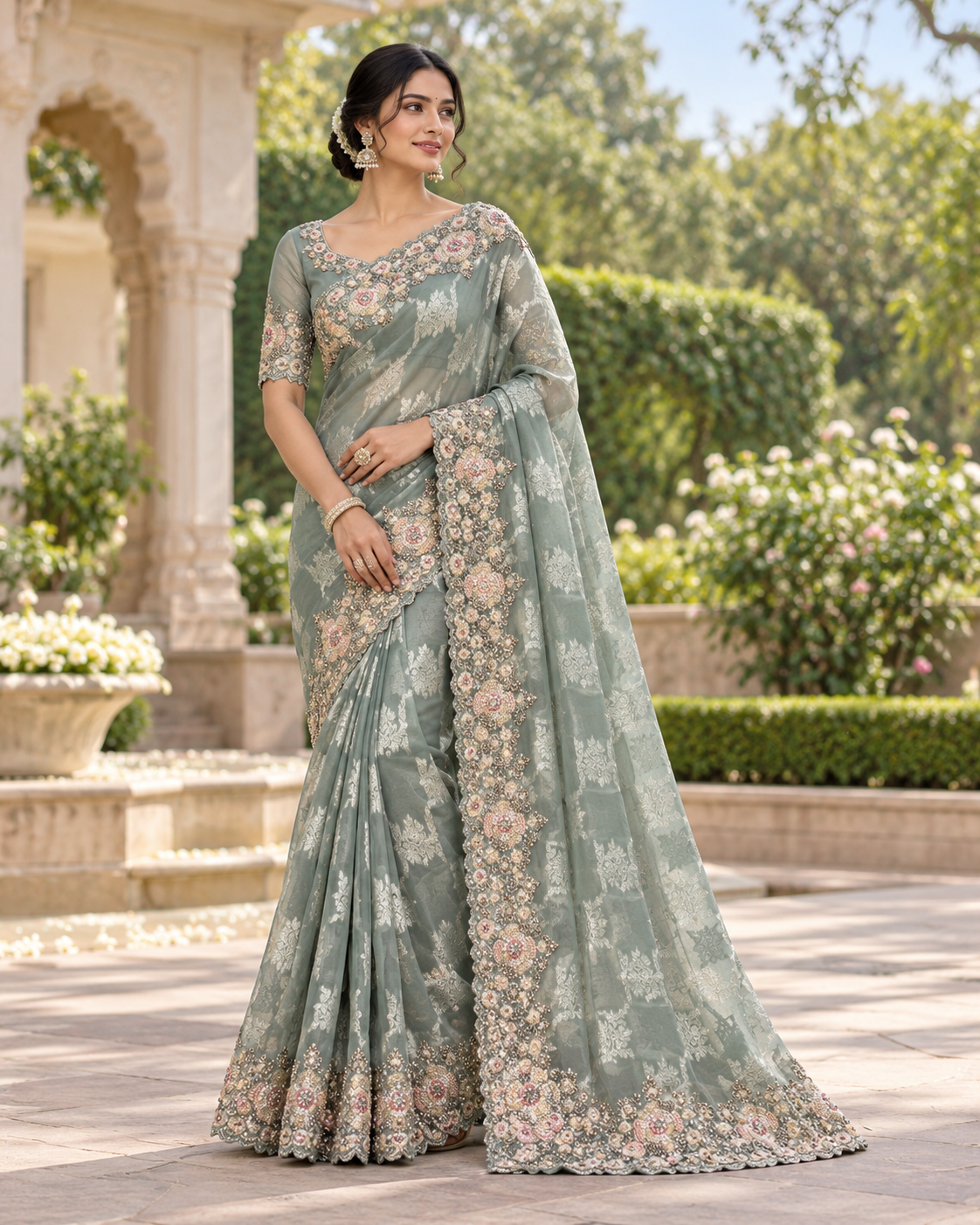 Sage Green Embroidered Organza Saree