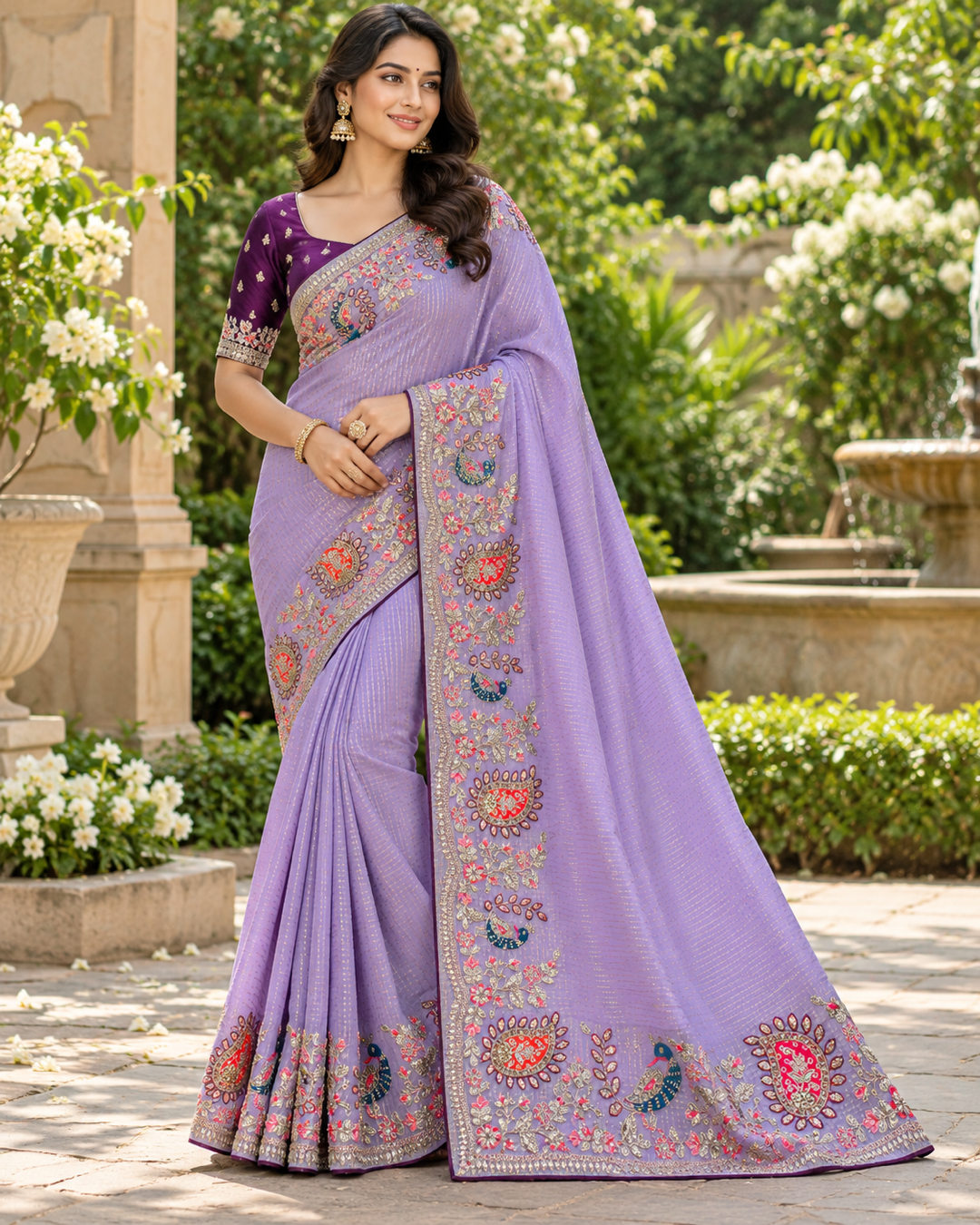 Lavender Zari Striped Saree with Embroidered Paisley and Peacock Motifs Main image
