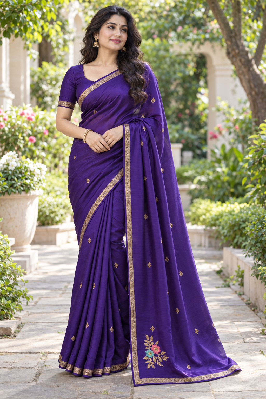 Royal Purple Raw Silk Saree with Gold Zari Buttis & Embroidered Floral Corner Motif
