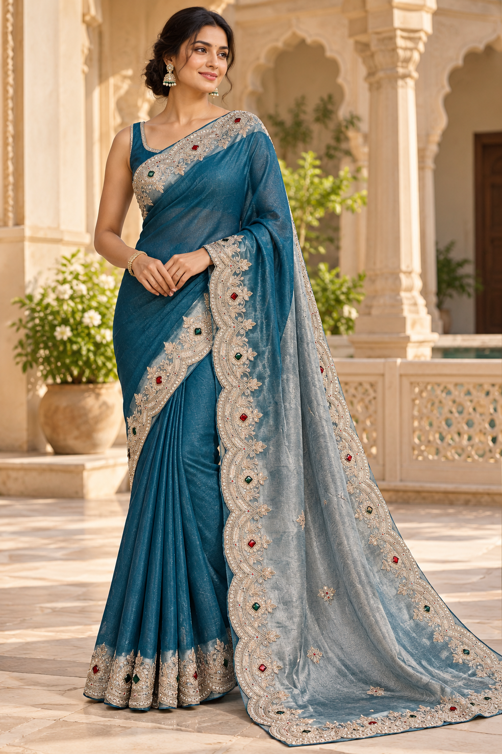 Ocean Teal Metallic Tissue Silk Saree with Scalloped Zardozi & Jewel-Tone Stone Border
