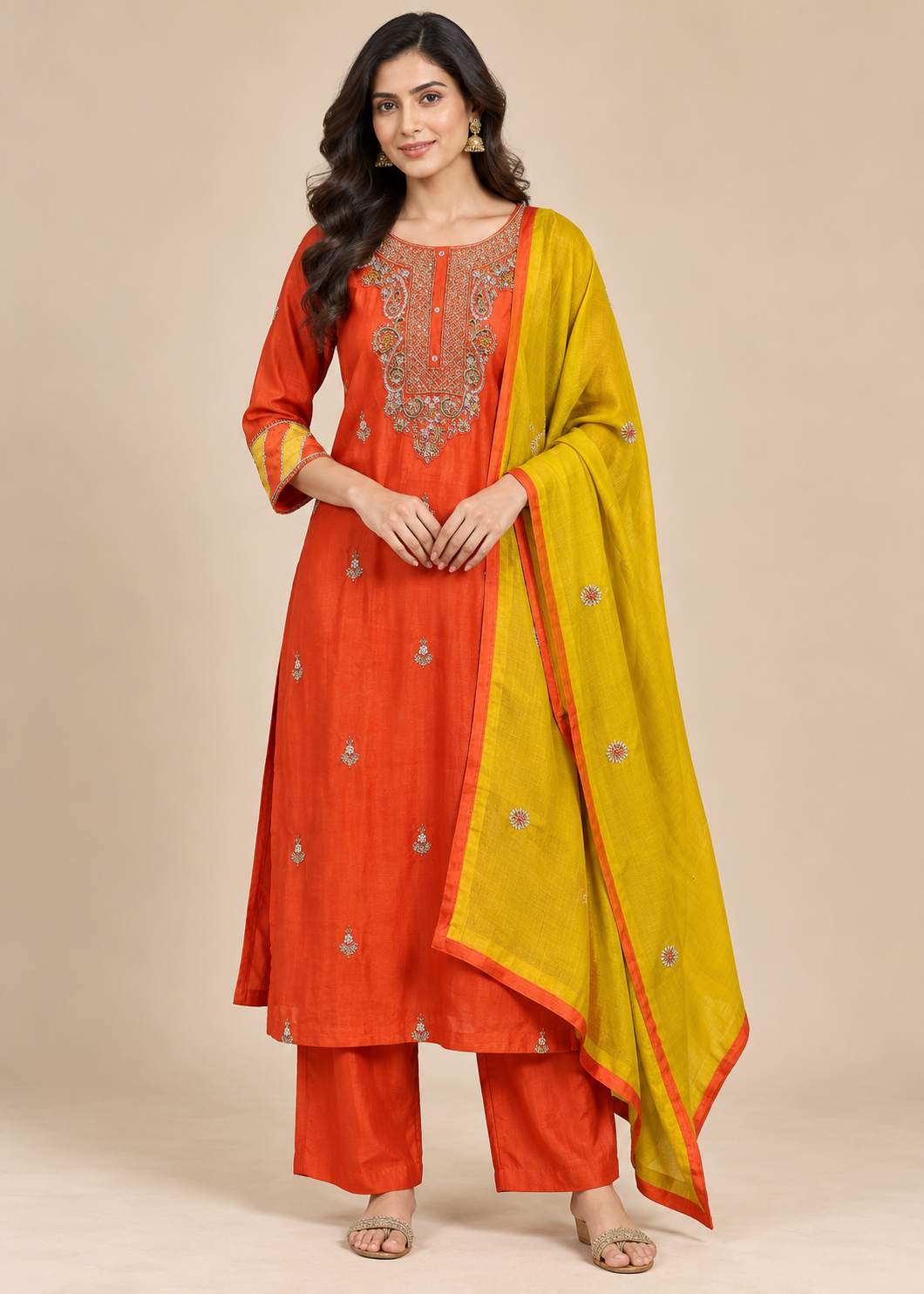 Rust Orange Embroidered Silk Suit Set
