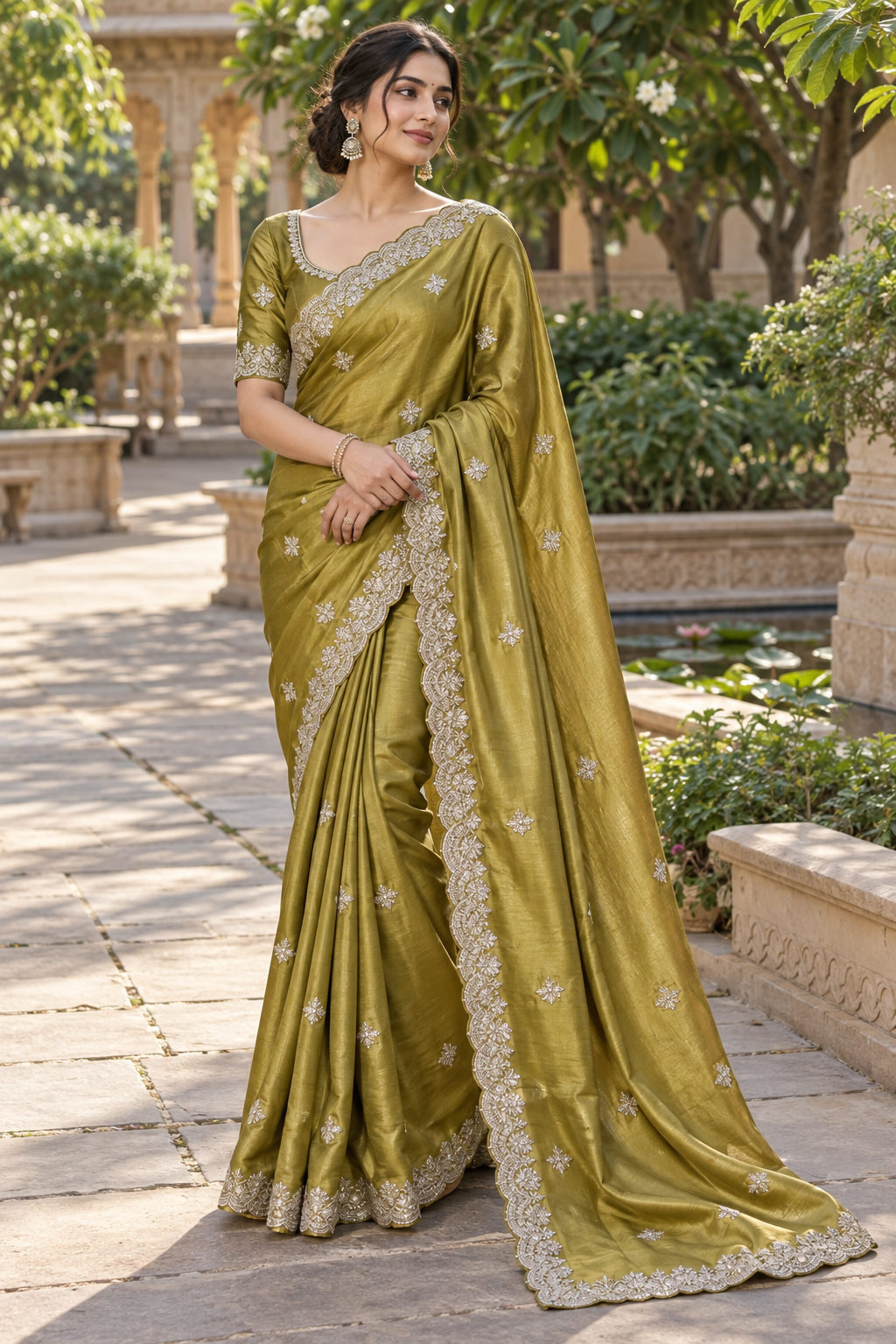 Olive Green Tissue Silk Saree with Silver Zardozi Floral Sprigs & Scalloped Cutwork Border Main image