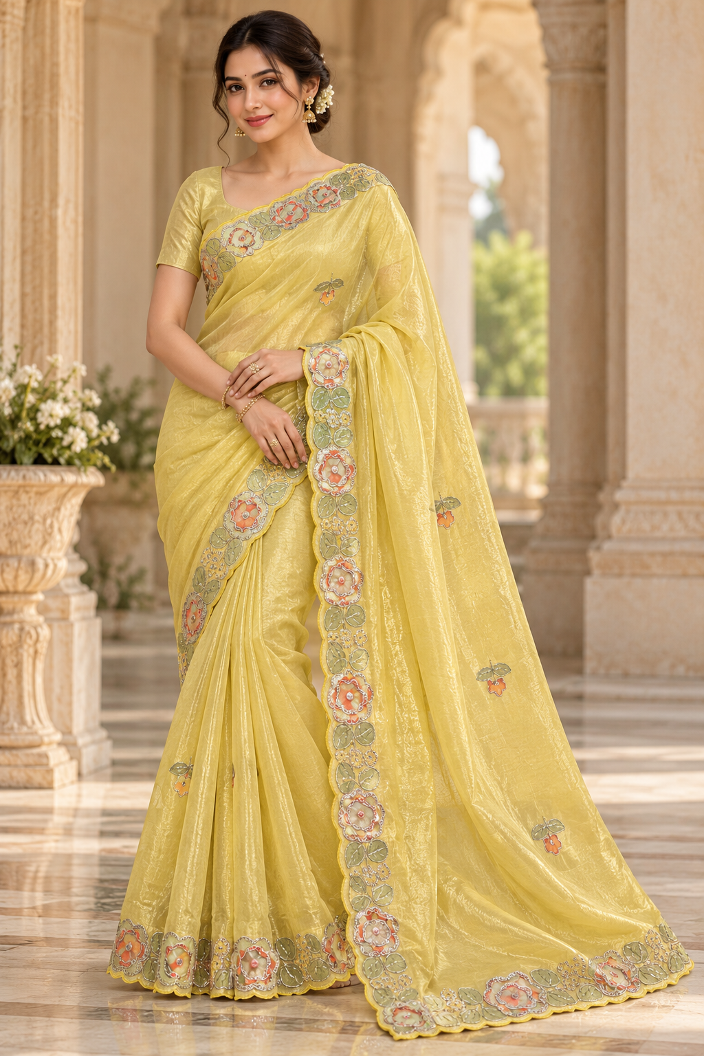 Sunshine Yellow Scalloped Floral Embroidered Saree