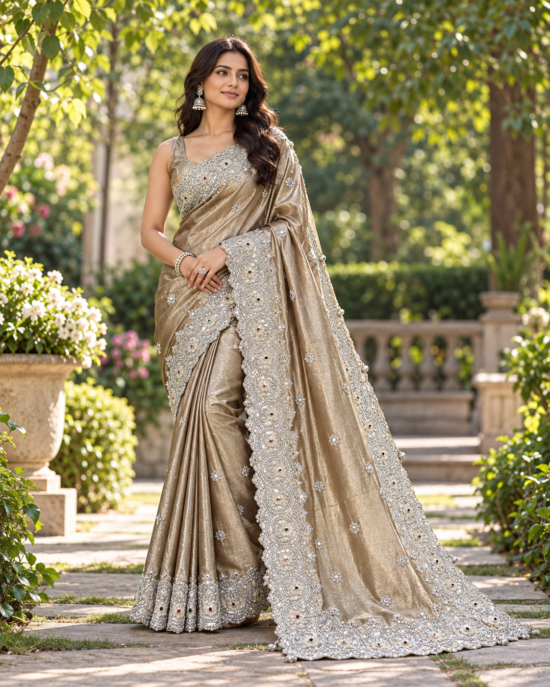 Golden Metallic Embroidered Tissue Saree Main image