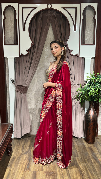 elegant red color floral motif embroidered saree