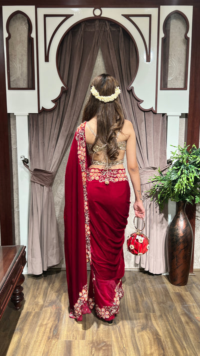 elegant red color floral motif embroidered saree