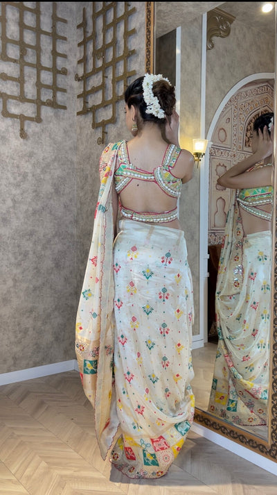 Graceful Cream Silk Saree with Thread Work & Mirror Embellishments
